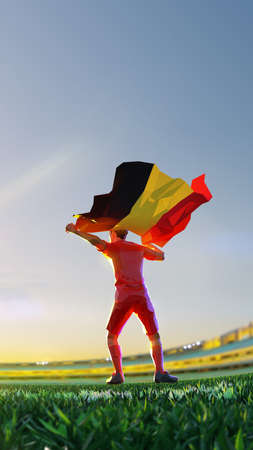 Soccer player after winner game championship hold flag of. polygon style 3d render illustrationの写真素材