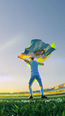 Soccer player after winner game championship hold flag of San Marino. polygon style 3d render illustrationの写真素材