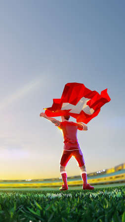 Soccer player after winner game championship hold flag of Switzerland. polygon style 3d render illustrationの写真素材