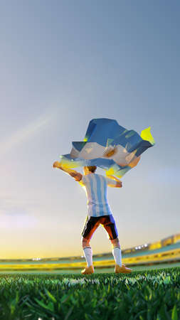Soccer player after winner game championship hold flag of Argentina. polygon style 3d render illustrationの写真素材