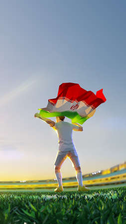 Soccer player after winner game championship hold flag of Iran. polygon style 3d render illustrationの写真素材