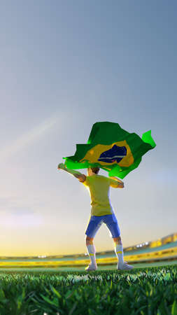 Soccer player after winner game championship hold flag of Brazil. polygon style 3d render illustrationの写真素材
