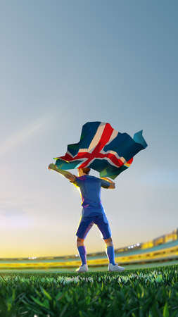 Soccer player after winner game championship hold flag of. Island polygon style 3d render illustrationの写真素材