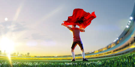 Soccer player after winner game championship hold flag of Albania. polygon style 3d render illustrationの写真素材