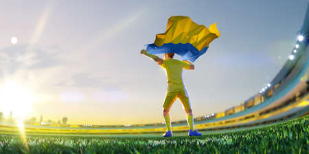 Soccer player after winner game championship hold flag of Wales. polygon style 3d render illustrationの写真素材