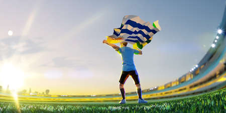 Soccer player after winner game championship hold flag of Uruguay . polygon style 3d render illustrationの写真素材