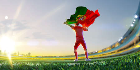 Soccer player after winner game championship hold flag of Portugal. polygon style 3d render illustrationの写真素材