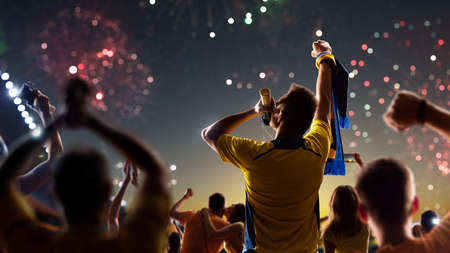 Fans celebrate in Stadium Arena night fireworksの写真素材