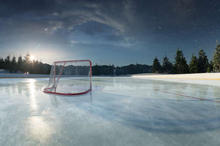 Ice rink arena. around forest and mountains realistic 3d render illustrationの写真素材