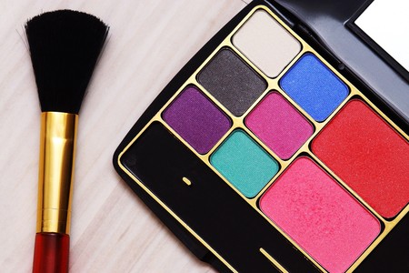Colorful makeup box on white tableの写真素材