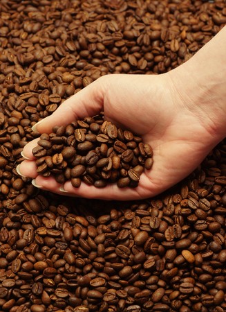 Woman hand and freshly roasted coffee beansの写真素材
