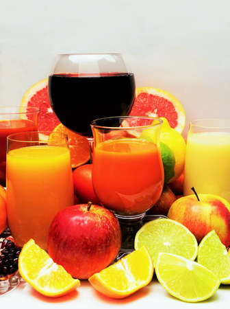 Fruit and vegetable juices on a white backgroundの写真素材