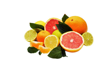 Healthy tropical citrus fruits on white backgroundの写真素材