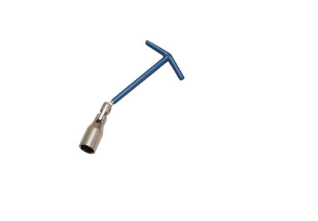 Spark plug wrench with blue handle on white backgroundの写真素材