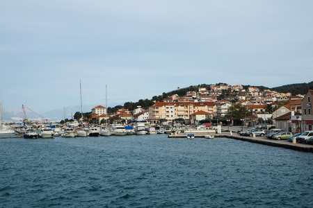 Boats park at harbor in Trogir, Croatiaのeditorial素材