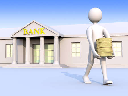 A man going out of a bank with coinsの写真素材