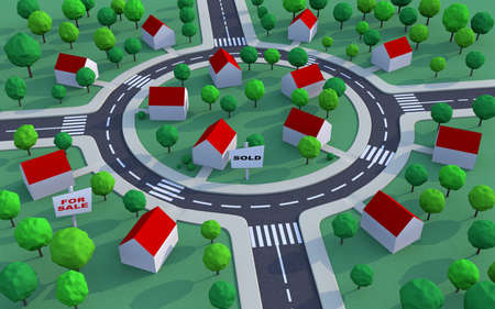 Housing estate in the suburbs among trees with 'sold' and 'for sale' signsの写真素材