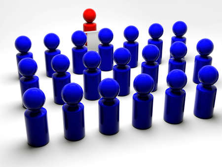 red symbolic man talking to blue people facing him