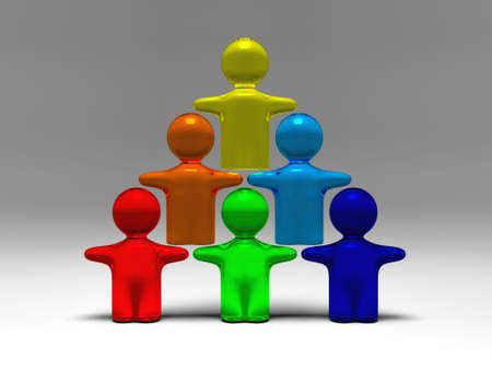 cooperation shown by some symbolic people standing on each other in three rows creating a pyramidの写真素材