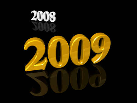 New year is coming. Golden, big 2009 number standing before a small 2008 one over a black backgroundの写真素材