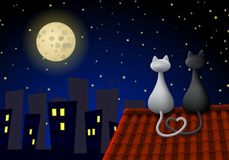 Two cats sitting on a roof at night, looking at the moon. Their tails create a heart.のイラスト素材