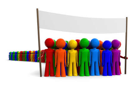 manifestation, colorful crowd marching holding a bannerの写真素材