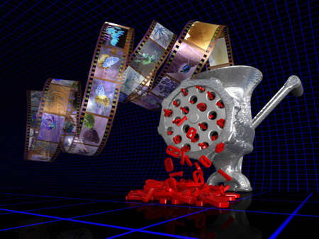Metaphorical 3D illustration showing analog film beingconverted to digital pieces.の写真素材
