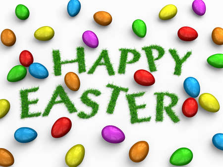 'happy easter'; text made of grass lying among colorful shiny eggs, over the white backgroundの写真素材