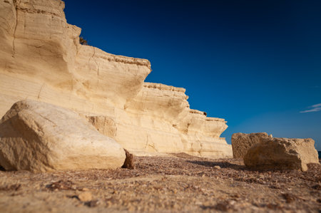 Sandstone rocks eroded by waves; Paramali beach; Cyprusの写真素材