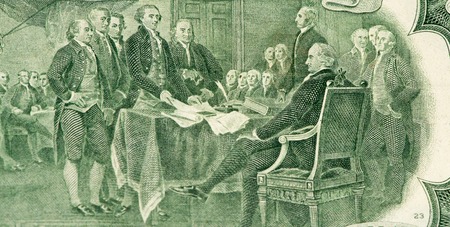 Signing the declaration of independence on the 2 US dollars bank note made in 1976