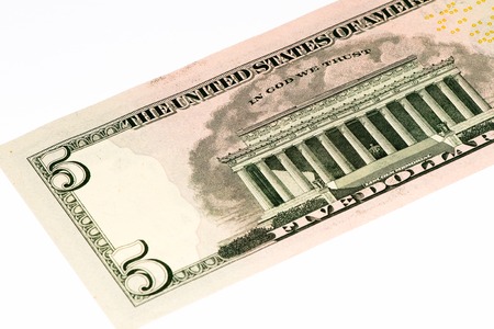 Lincol memorial on a 5 US dollars banknote made in 2013.の写真素材
