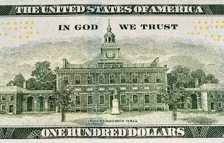 Independence hall on a 100 US dollars bank note made in 2009