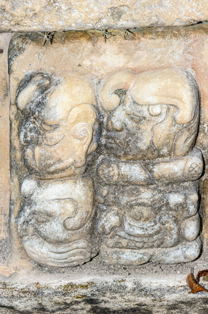 Sculpted head stone at Copan Ruins, UNESCO World Heritage Site, Honduras, Central Americaの写真素材