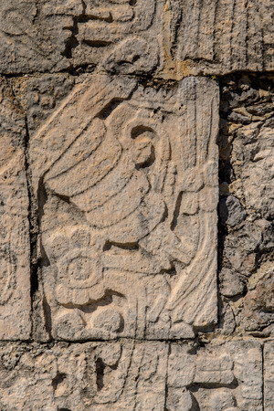 Carvings on a temple of Chichen Itza, Tinum Municipality, Yucatan State. It was a large pre-Columbian city built by the Maya people of the Terminal Classic period.の写真素材