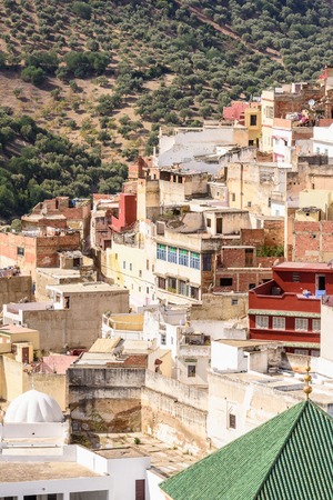 Spectacular aerial view of Moulay Idriss, the holy town in Morocco, named after Moulay Idriss I arrived in 789 bringing the religion of Islamの写真素材