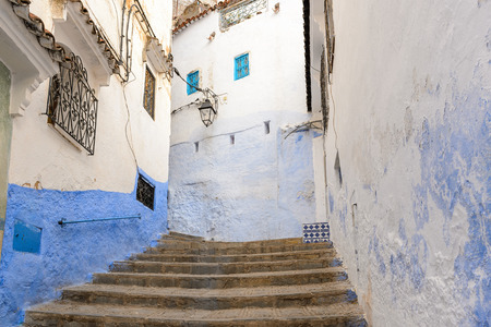 Blue wall of Chefchaouen, small town in northwest Morocco famous by its blue buildingsの写真素材