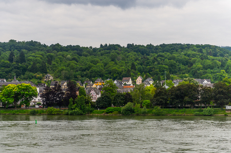 Houses on the coast of the river Rhine in Germanyの写真素材