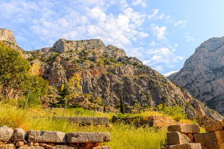 Ancient ruins of Delphi, an archaeological site in Greece, at the Mount Parnassus. Delphi is famous...