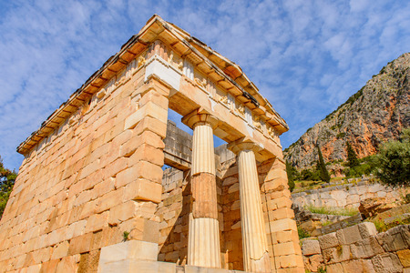 Athenian Treasury in Delphi, an archaeological site in Greece, at the Mount Parnassus. Delphi is...