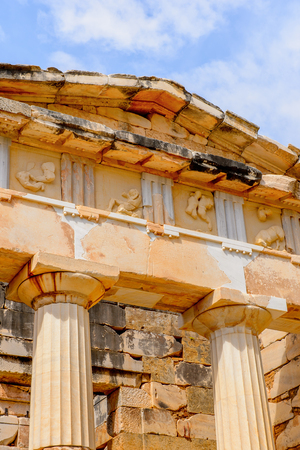 Athenian Treasury in Delphi, an archaeological site in Greece, at the Mount Parnassus. Delphi is...