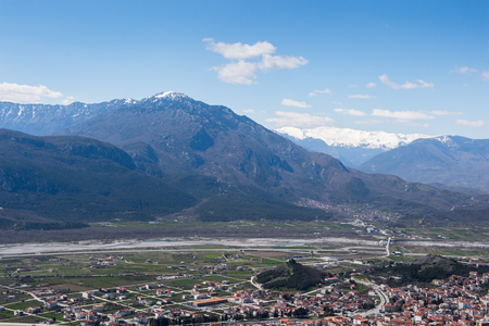 Town of Kalambaka from the Meteora mountains in Thessaly, Greece.の写真素材