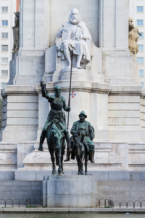 Don Quixote and Sancho Panza statue on the Plaza de Espana, Madrid, Spain. Fictional characters of Miguel Cervantes novel,  who was a Spanish novelist, poet and playwrightのeditorial素材