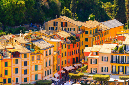 Aerial view of Portofino, an Italian fishing village, Genoa province, Italy. A vacation resort with a picturesque harbour and with celebrity and artistic visitors.の写真素材