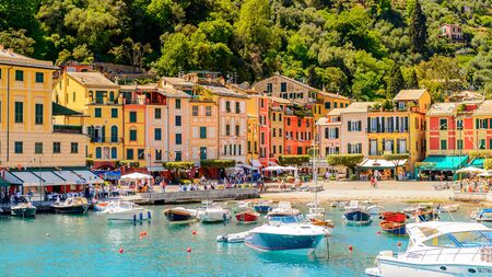 Portofino, is an Italian fishing village, Genoa province, Italy. A vacation resort with a picturesque harbour and with celebrity and artistic visitors.の写真素材