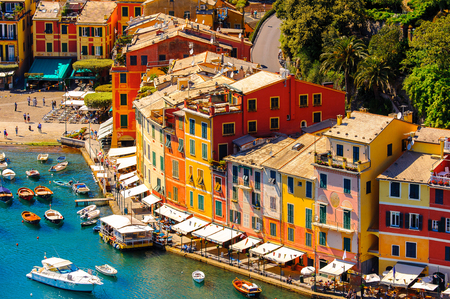 Aerial view of Portofino, an Italian fishing village, Genoa province, Italy. A vacation resort with a picturesque harbour and with celebrity and artistic visitors.のeditorial素材