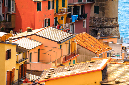 Aerial view of Manarola (Manaea), a small town in province of La Spezia, Liguria, Italy. It's one of the lands of Cinque Terre, UNESCO World Heritage Siteの写真素材