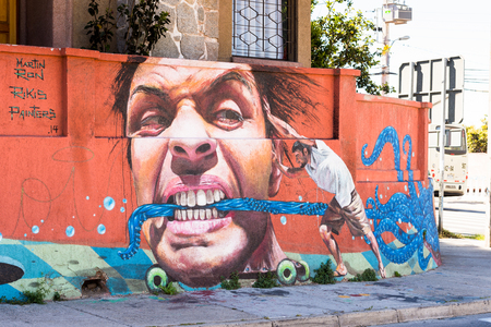 VALPARAISO, CHILE - NOV 9, 2014: Colourful graffiti on a house in Valparaiso, Chile. Valparaiso Historic centreのeditorial素材