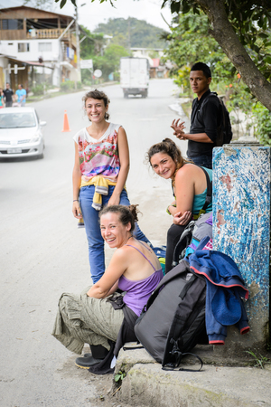 MINDO, ECUADOR - JAN 1, 2015: Unidentified tourists in Mindo, Ecuador. Mindo Valley is among the most heavily visited locations in Ecuador.のeditorial素材