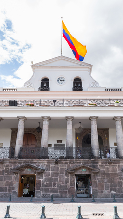QUITO, ECUADOR - JAN 1, 2015: Architecture of the historic center of Quito. Historic center of Quito is the first UNESCO WOrld Heritage siteのeditorial素材