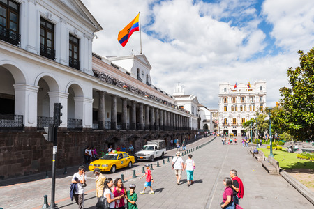 QUITO, ECUADOR - JAN 1, 2015: Architecture of the historic center of Quito. Historic center of Quito is the first UNESCO WOrld Heritage siteのeditorial素材